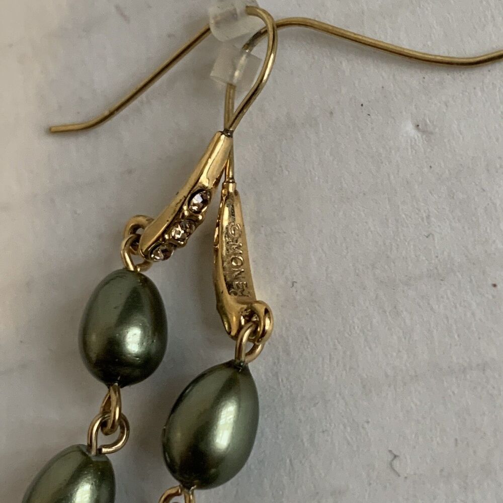 Monet Pearl Necklace Bracelet Dangle Earring Set Sage Green Gold 4 Pc Set - Picture 9 of 10